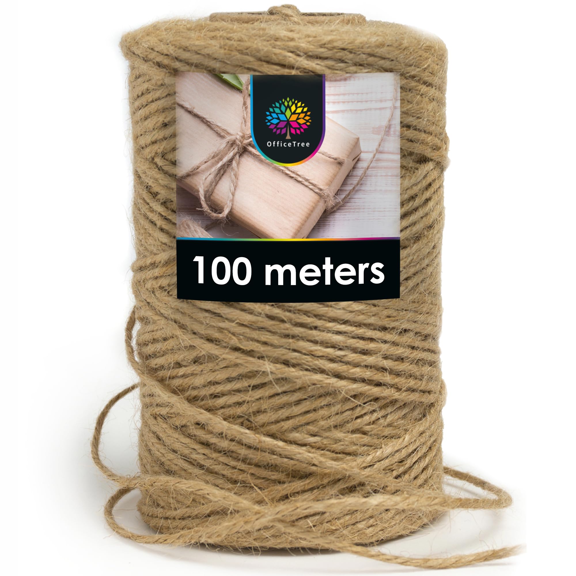 OfficeTree 100m Jute String 2mm - 3-Ply Jute Twine String for Crafts, Packaging & Decoration - 328 ft Strong Garden Twine for Crafts - Gift Wrapping