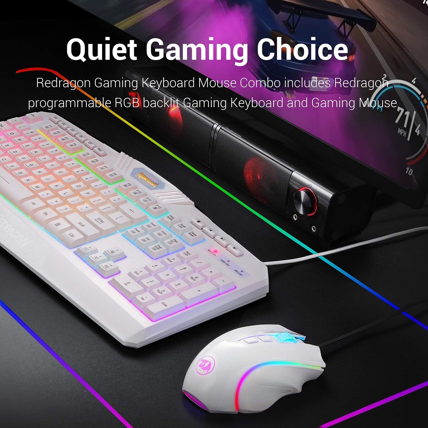 Redragon S101 Wired Gaming Keyboard and Mouse Combo, RGB Backlit 104 Keys Ergonomic Keyboard with Macro Multimedia Keys Wrist Rest and 8 Buttons Backlit Gaming Mouse for Windows PC (White Version): Computers & Accessories