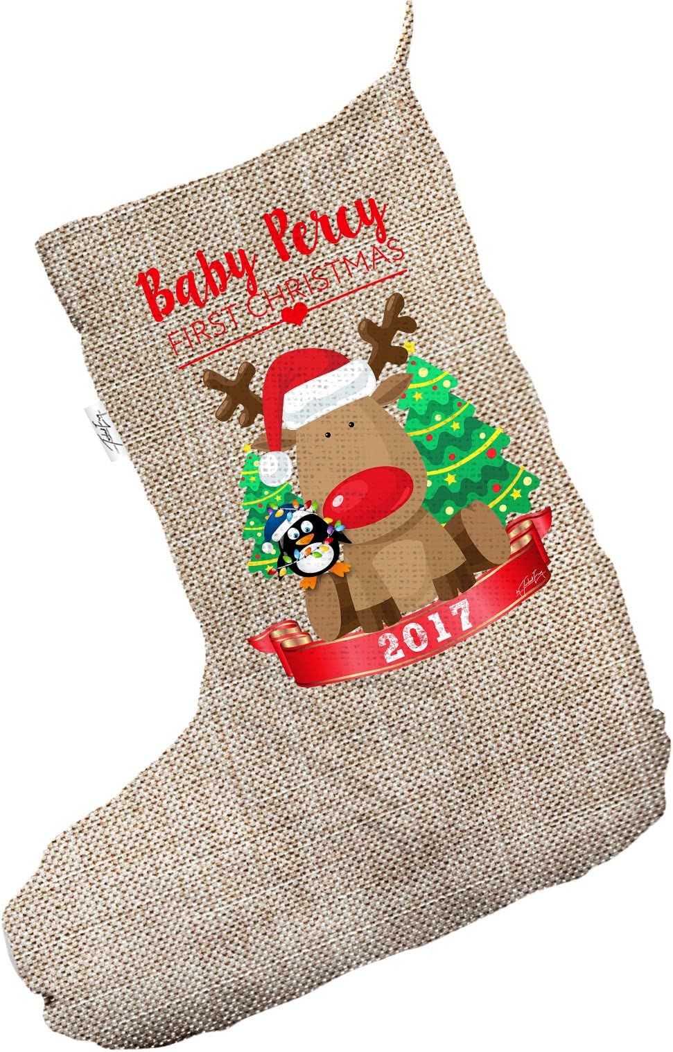TWISTED ENVY Personalised Baby First Christmas Rudolph Penguin Large Hessian Christmas Stockings Socks