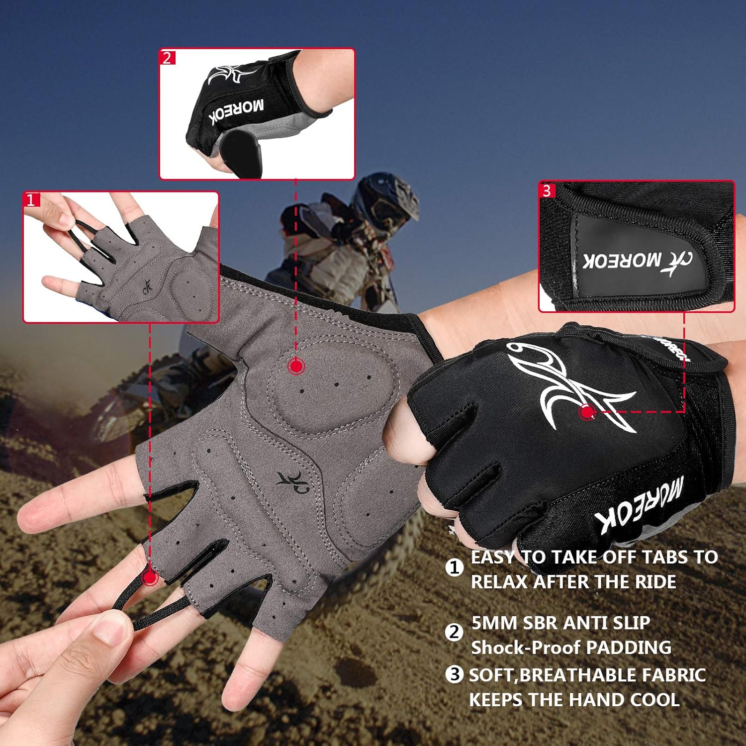 MOREOK Cycling Gloves Mountain Bike Gloves 5MM SBR Pad Shock-Absorbing Anti- Slip Breathable MTB DH Road Bicycle Gloves for Men Women : Clothing