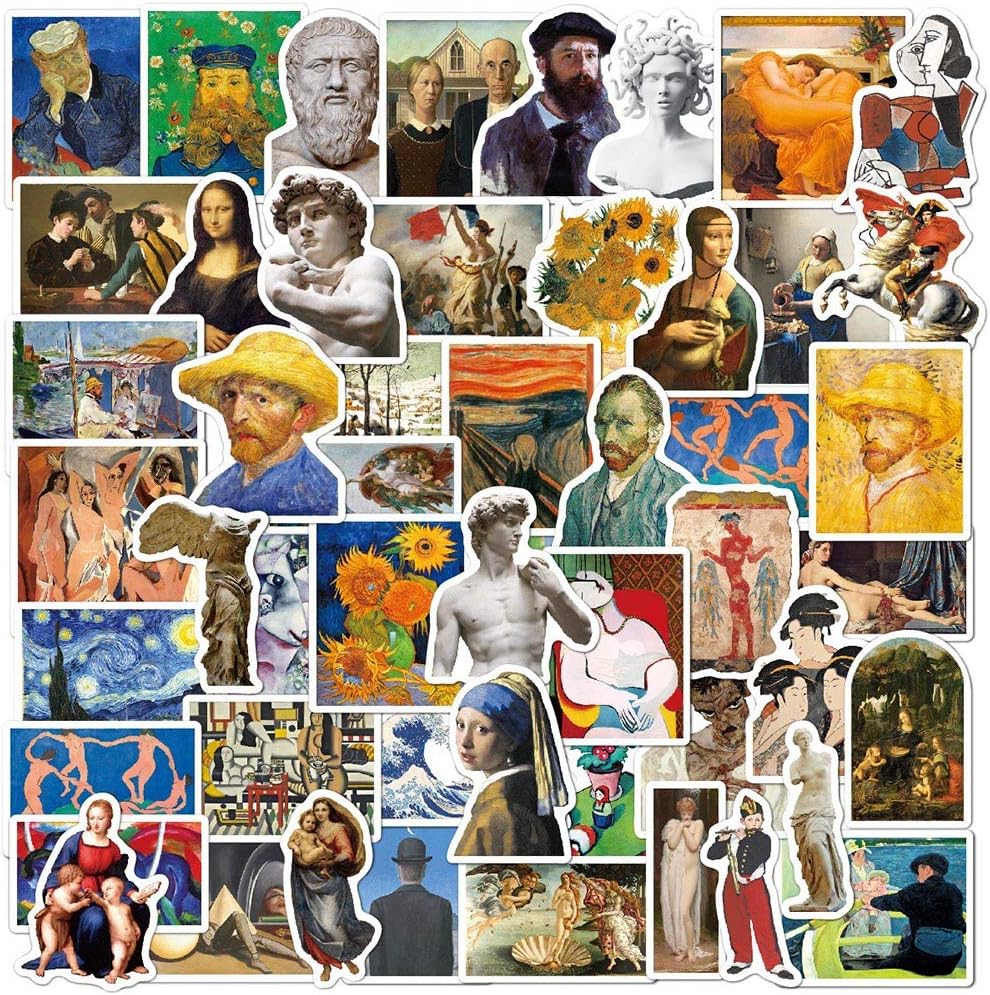 52 Pcs Oil Painting Stickers| Famous Paintings and Sculptures Waterproof Vinyl Stickers for Water Bottles Bicycle Laptop Refrigerator Luggage Computer Mobile Phone Skateboard Bike Decals