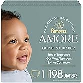 Pampers Amore, Size 1 (8-14 lbs), 198 Count, Our Best Diaper – Hypoallergenic & Fragrance Free, Up to 100% Leakproof, Soft as