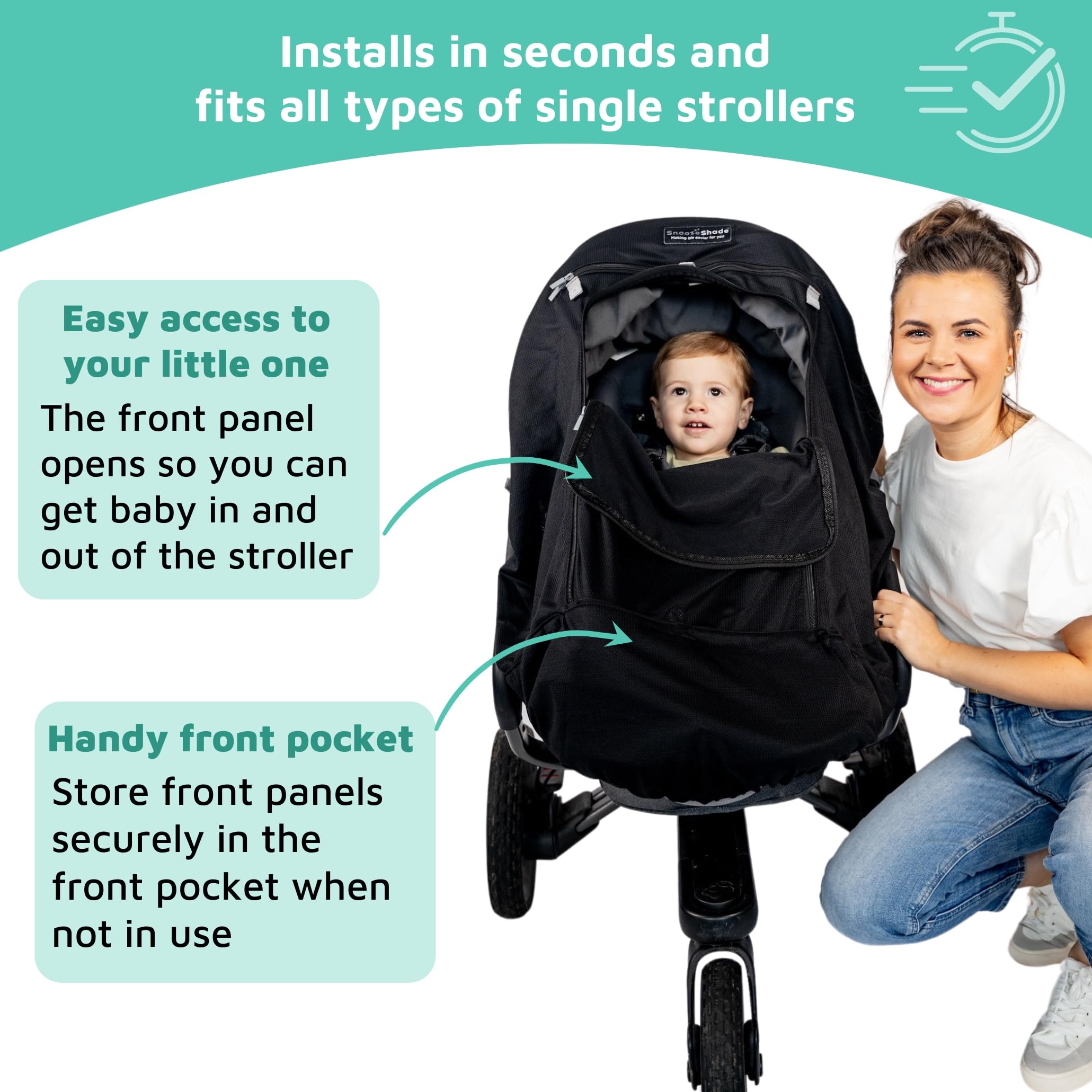 SnoozeShade Plus Extra–Stroller Sun Shade & Mosquito Net for 6m+ Babies Blocks 97.5% of UV (UPF 40+) Universal Fit Blackout Sleep Cover with Peekaboo Window Breathable Mesh Canopy for Single Strollers