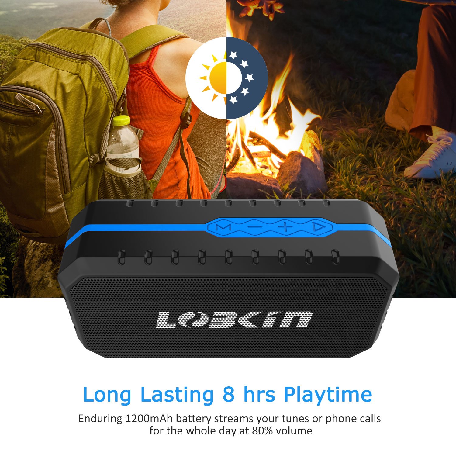 LOBKIN Bluetooth Tragbare Lautsprecher Wasserdicht Speaker Stoßfest Boxen Wireless Stereo Boombox mit eingebautem Mikrofon Kabelloser Musikbox mit 8-Stunden Spielzeit und TF Karte (Blau)