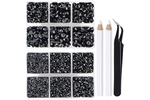 LPBeads 6400 Pieces Hotfix Rhinestones Black Flat Back 5 Mixed Sizes Crystal Round Glass Gems with Tweezers and Picking Rhinestones Pen