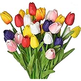 WISTART 24pcs Multicolor Artificial Tulips Flowers Fake Faux PU Tulip Bouquet Real Touch Flower Arrangement for Home Room Office Party Wedding Decoration Excellent Gift Idea for Mothers Day