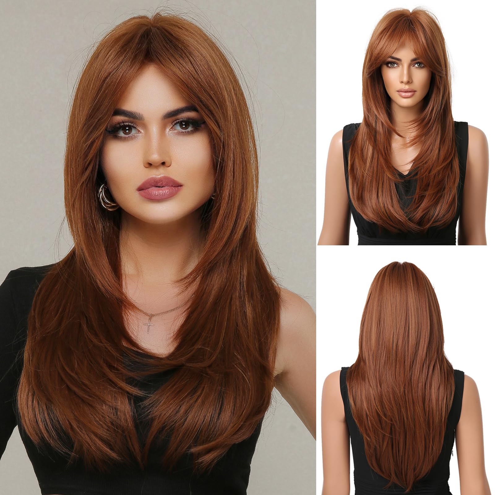 OUFEI Long Straight Copper Brown Layered Natural Wigs for Women Natural Synthetic Hair Heat Resistant Wigs for Daily Party Cosplay Wear-24 Inches — image 1