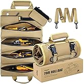 Roll Up Tool Bag, Heavy Duty Tool Organizer with 2 Detachable Pouches, Valentine's Day Gifts for Him, Durable Tool Storage for Men Women, Perfect for Husband, Handyman, RV Owners, Dad Birthday, Khaki