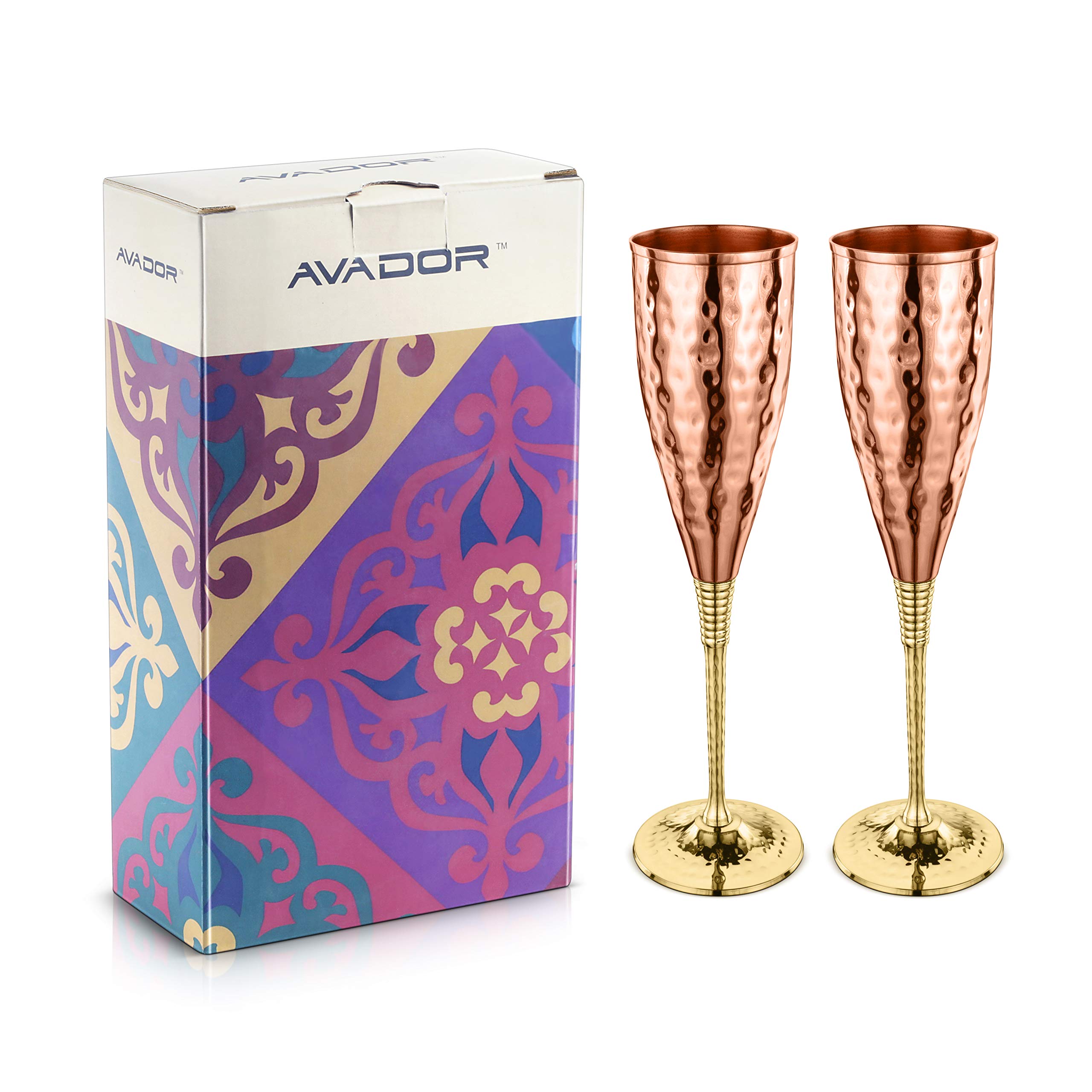 Avador Set of 2 Shatterproof 100% Handcrafted Copper Champagne Flutes Hammered Finish 16 Oz. Gift Set