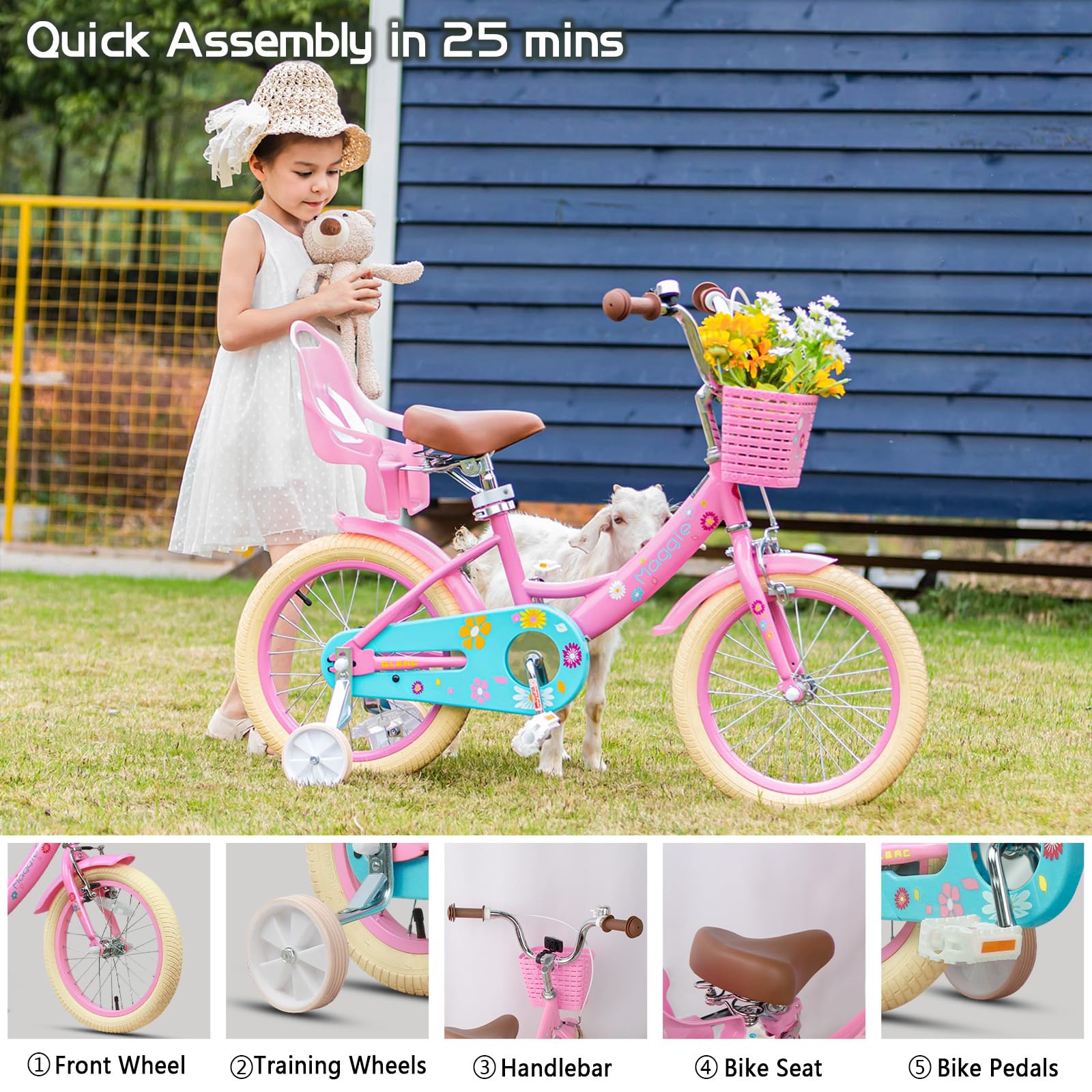 Glerc Maggie Girls Bike, 12-20 Inch Kids Bike for 2-13 Years Old Children, Princess Style Kids Bicycle with Doll-Seat & Basket & Training Wheels, Multiple Colors
