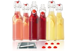 Otis Classic Glass Bottles with Caps - Set of 6 Clear Swing Top Glass Bottles w/Ceramic Lids for Storing Kombucha, Liquor, Syrup, Wine, Kefir & Beer - Bonus Marker & Labels Included, 16oz
