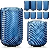WeirdUncle Set of 8 Ribbed Glassware,4 Highball Glasses 14oz & 4 Rocks Drinking Glasses 9oz, Origami Style, Fluted Design, for Milk, Water, Cocktail, Juice, Beer, ToothBrush Cup, Gif (Leaning Blue)