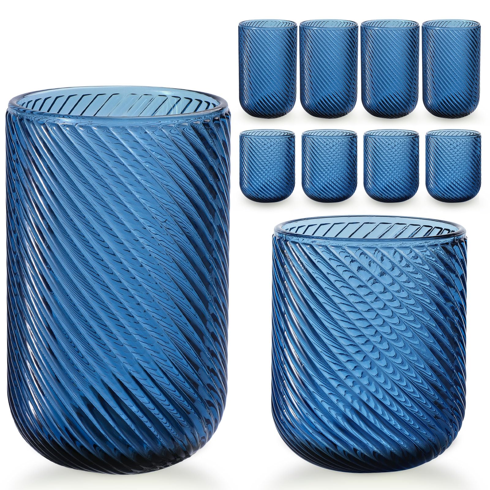 Photo 1 of WeirdUncle Set of 8 Ribbed Glassware,4 Highball Glasses 14oz & 4 Rocks Drinking Glasses 9oz, Origami Style, Fluted Design, for Milk, Water, Cocktail, Juice, Beer, ToothBrush Cup, Gif (Leaning Blue)