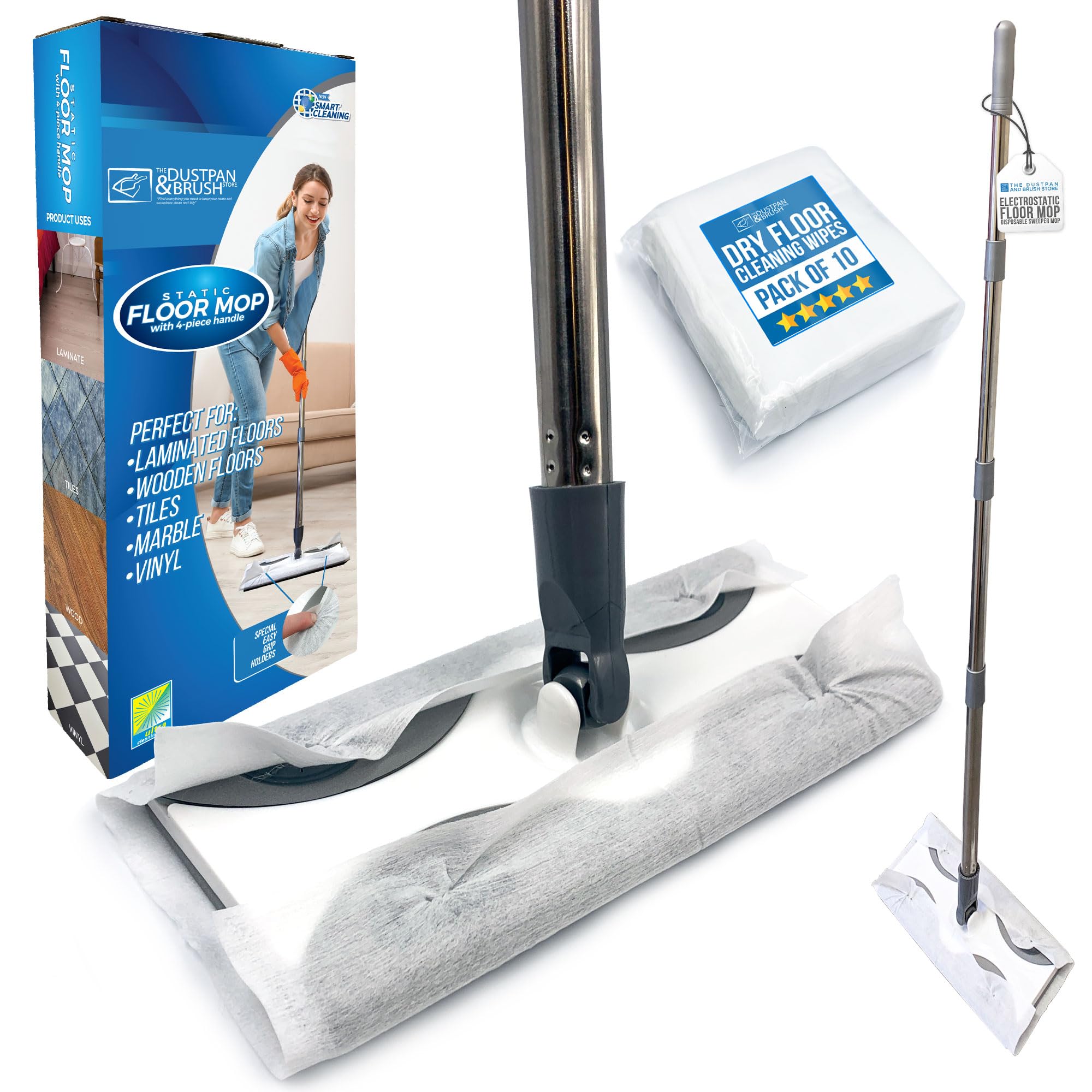 Static Floor Wipes Mop, Flat Mop with Disposable Floor Wipes for Quick and All-Purpose Cleaning, Mops for Laminate, Tiled, Wooden, or Vinyl − Dust Kit with 10 Dry Wipes
