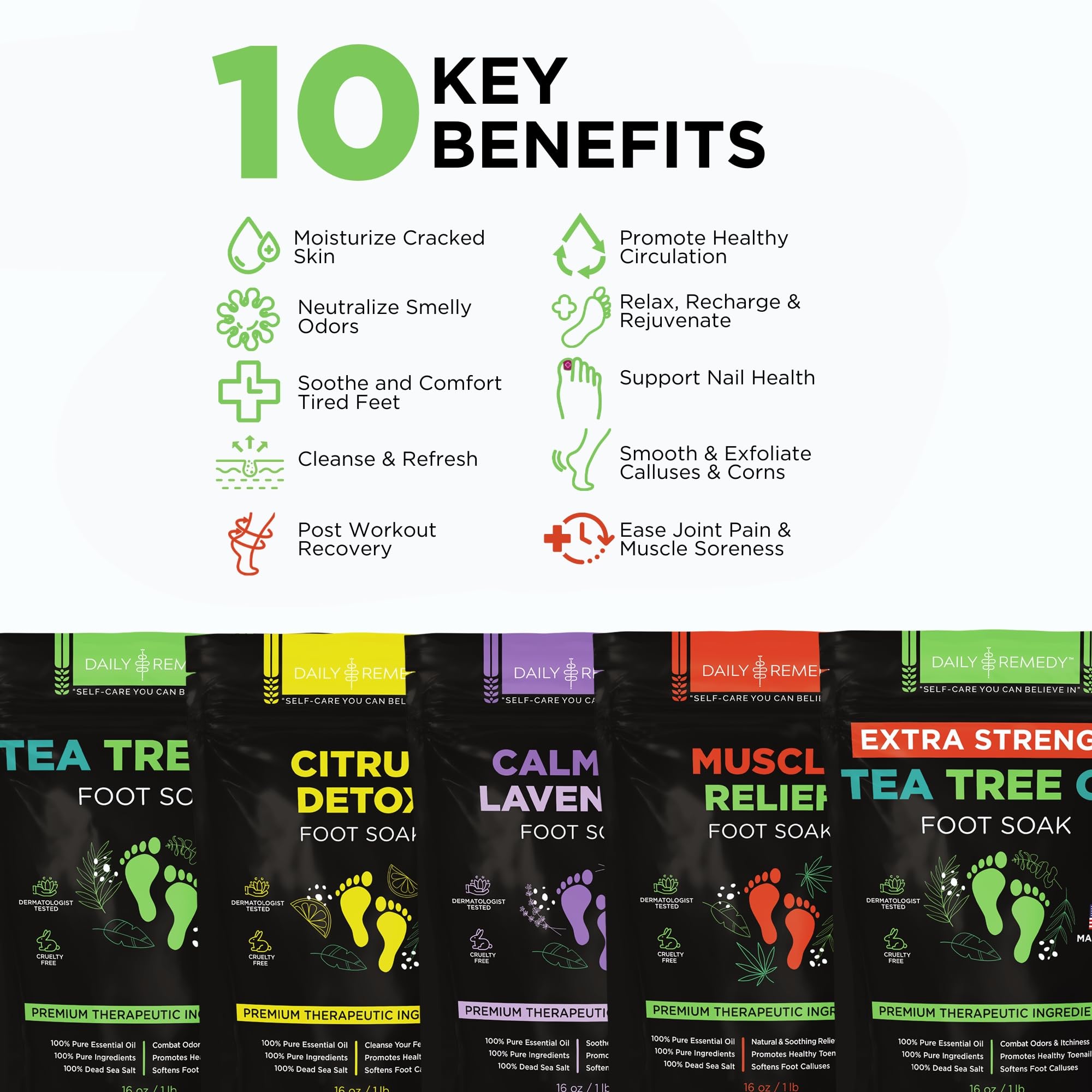 DAILY REMEDY Foot Soak Salts- Variety Pack of 4- Tea Tree Oil, Muscle Relief, Calming Lavender & Citrus Soak- For Foot Pain, Soreness, Athlete’s Foot, Odors, Calluses-Made In USA