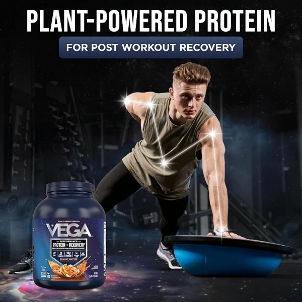 VEGA PROTEIN + RECOVERY, PEANUT BUTTER – 30G VEGAN PROTEIN, DAIRY & GLUTEN FREE, PROBIOTICS, NSF CERTIFIED, 67.2 OZ (45 SERVINGS)