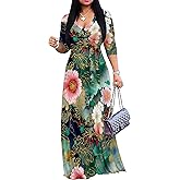 SUZONANA Plus Size Dresses for Women Floral Print Maxi Dress Flowy 3/4 Sleeve with Belt