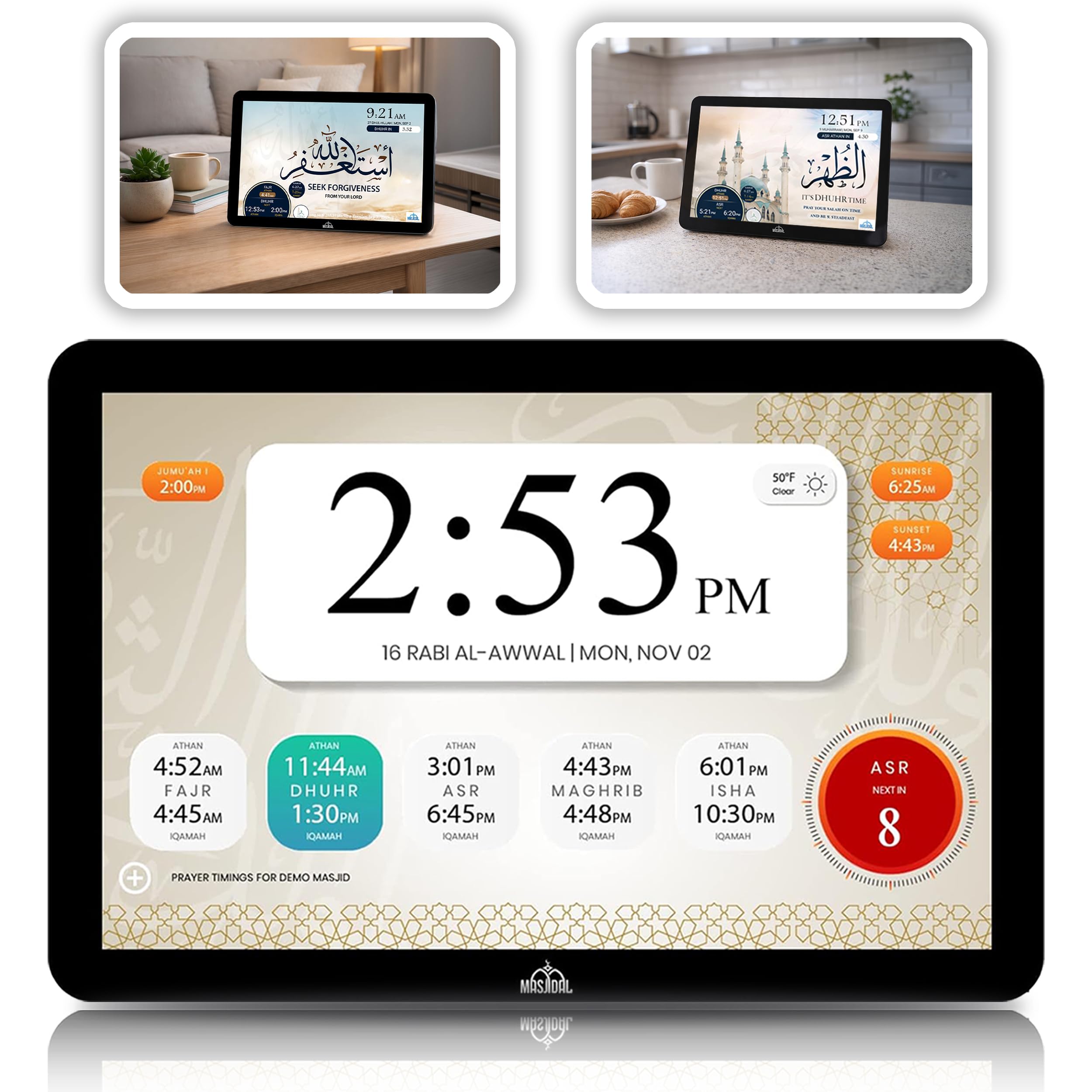 Masjidal 14" Smart WiFi Digital Azan Clock & Islamic Prayer Frame – Automatic Worldwide Prayer & Iqamah Times, Full Quran Player, Athan Alarm, Ramadan Clock, Touchscreen Muslim Home Display, Black