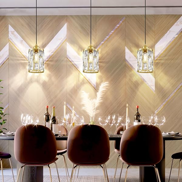DOLAIMI HOUSE 2 PACK 1 LIGHT 5.4″ CRYSTAL SHADE HANGING KITCHEN ISLAND PENDANT LIGHT GOLD FINISH,MODERN PENDANT FIXTURE WITH CRYSTAL METAL SHADE FOR BAR,DINING ROOM,LIVING ROOM OVER SINK