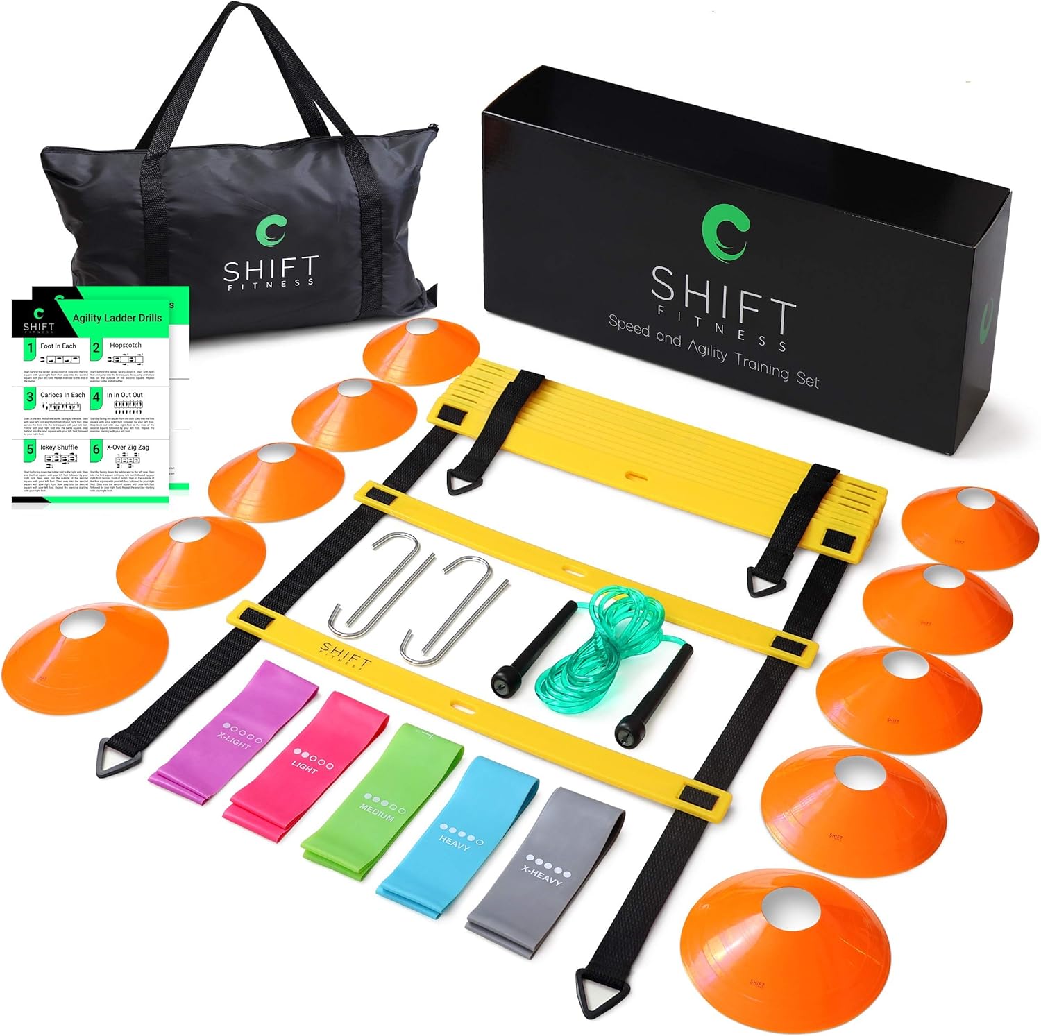 Agility Ladder Speed Training Equipment Set – Increase Speed with Long Adjustable 12 Rung Agility Ladder, Sturdy Cones, Strong Resistance Bands, Large Carry Bag, Jump Rope and Footwork Drill Chart : Sports & Outdoors