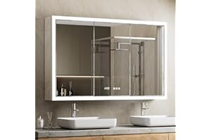 QueenFun 48x30 Recessed or Surface LED Medicine Cabinet with Mirror, 3 Color Dimmable Fogless Lighted Medicine Cabinet with Outlet and Adjustable Shelves,Time Display & Built-in Auto-Sensing Light