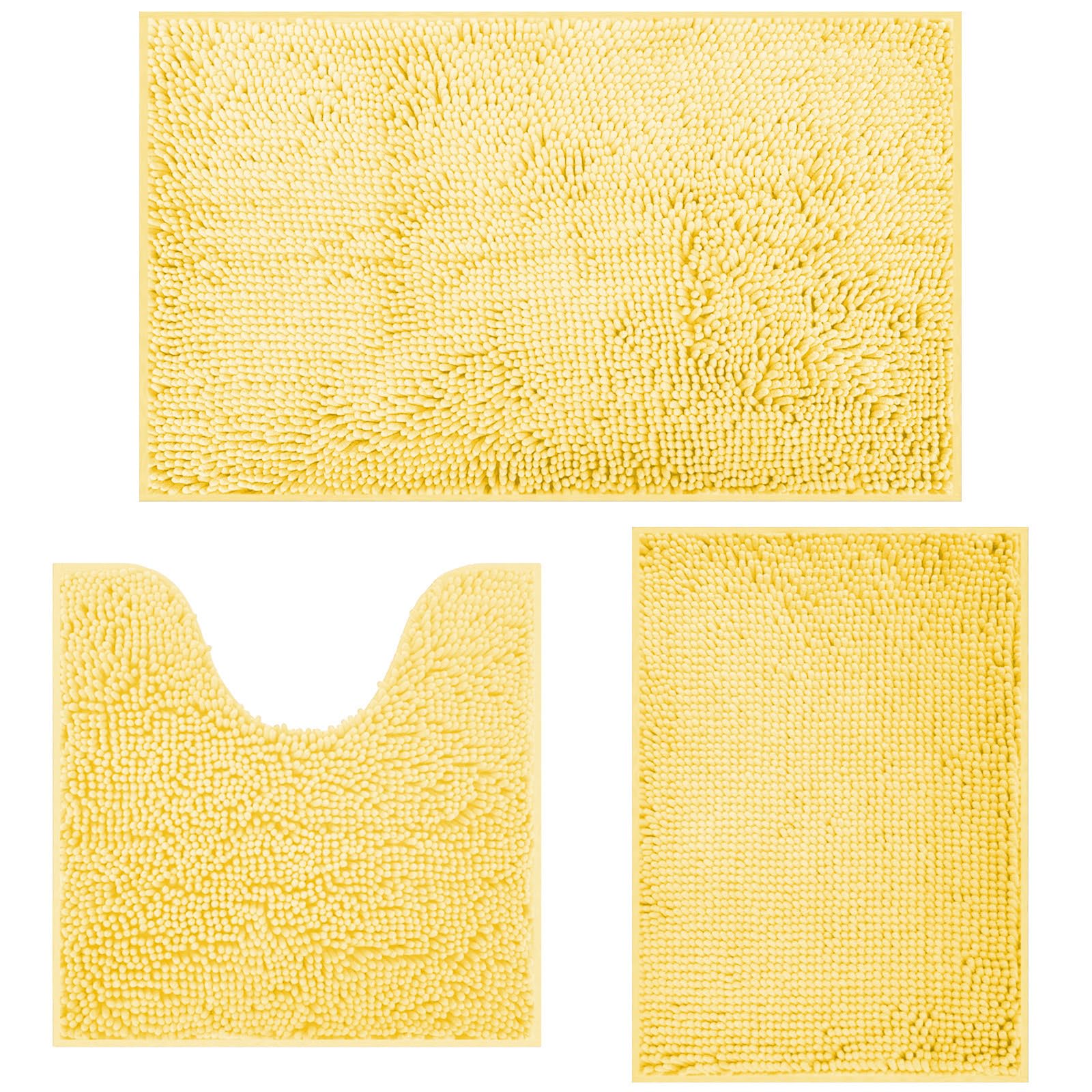 RUN HELIX Ultra Soft Chenille Bath Mat Non Slip, Bath Mat Set 3 Piece, Shaggy Bathroom Mats, Absorbent Bath Mats for Bathroom, Fluffy Bathrooms Mat Set with U-Shaped Toilet Rug (Beige Yellow)