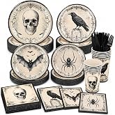 Halloween Party Supplies, Vintage Gothic Halloween Plates and Napkins with Cups, Knives and Forks, Skull Raven Bat Spider Halloween Party Plates for Halloween Birthday Party Decorations, Serves 24