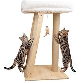 Famifit 31.5" Cat Scratching Post, 3-in-1 Multifunctional Natural Pine Wood Cat Furniture, Tall Scratch Posts with Perch&amp;Scratcher, Boxed with Hanging Bell Toy, Large