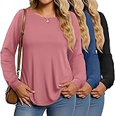 Huukeay 3 Pack Women Plus Size Long Sleeve Tops Loose Fit Tunic Shirts Crewneck Basic Tops Curved Hem Casual T Shirts