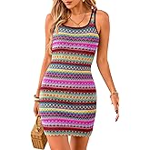 PRETTYGARDEN Womens 2026 Summer Mini Dresses Square Neck Sleeveless Tank Bodycon Striped Boho Sundress Beach Vacation Outfits