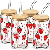 Glass Cups with Lids and Straws with Design Strawberry 4 pcs,Clear Glass Cups 16 oz-DWTS Drinking Glasses Set,Glass Tumbler,Cute Design Glass Iced Coffee Cups with Lids and Straws