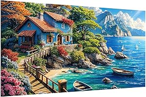 JOOZ 5D Landscape Diamond Art Painting Kits for Adults - Large Diamond Art for Adults, DIY House Boat Seaside Scenery Full Drill Diamond Painting, Gem Art for Adults Home Wall Decor 27.5 X 15.7 Inch