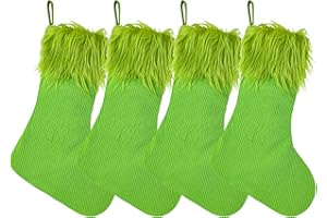 Benwanfee 4 Pack Christmas Stockings Green Faux Fur Christmas Stocking Personalized Christmas Stocking Treat Bag Candy Pouch Holder for Xmas Tree Fireplace Holiday Decor
