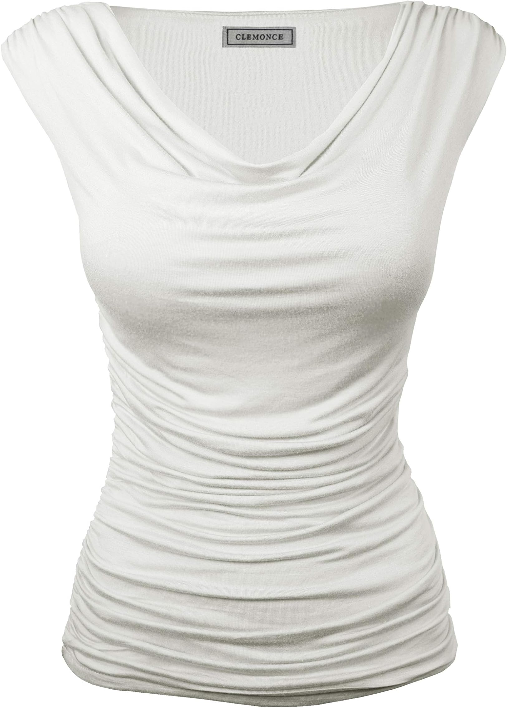 CLEMONCE Double Lining Cozy Cowl Neck Ruched Side Fitted Top S to 3XL