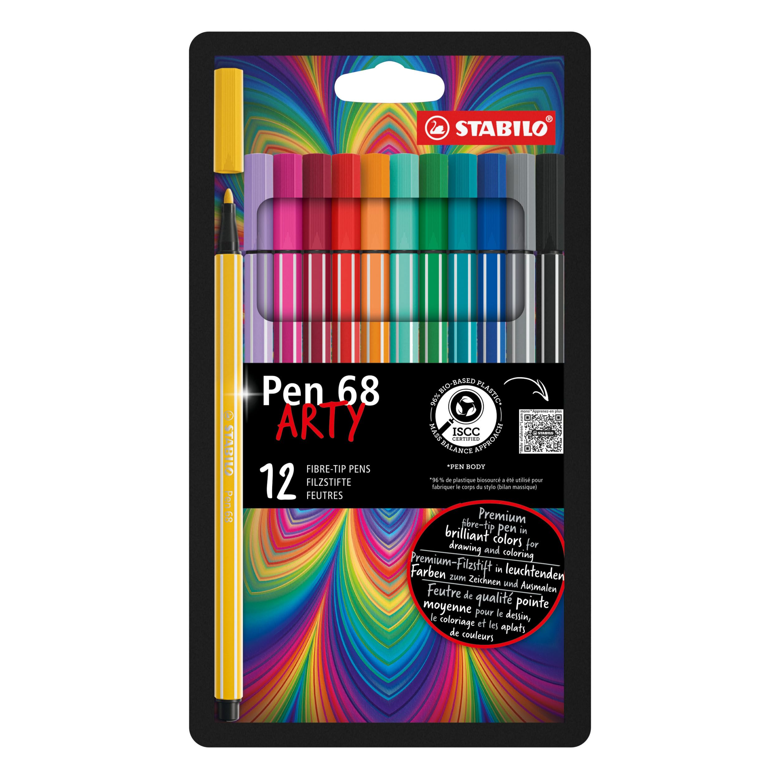 STABILO Pen 68 - Premium Fibre-Tip Pen - ARTY - Pack of 12 - Assorted Colours