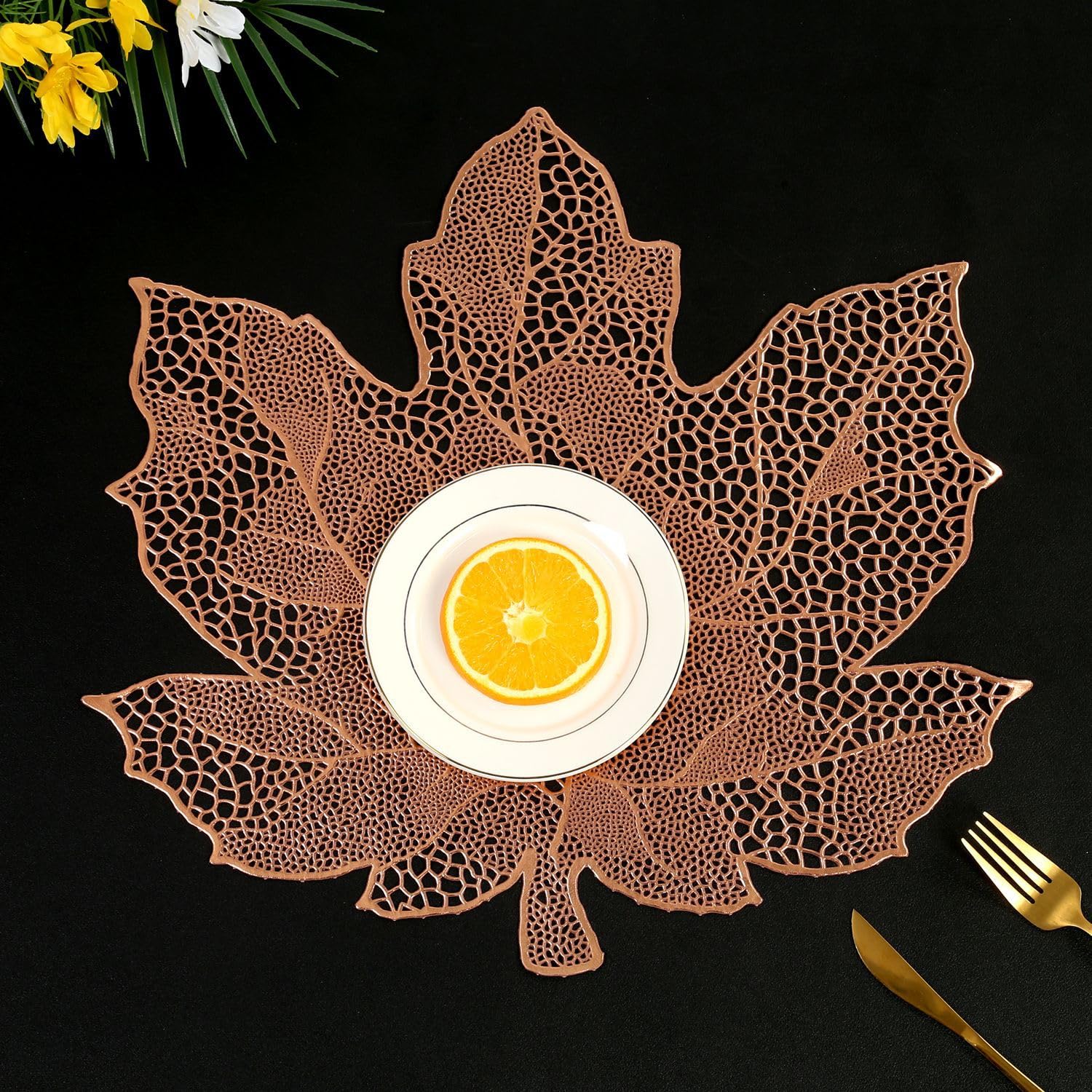 Hosoncovy 4 Pack PVC Maple Leaf Waterproof Oilproof Table Decorative Placemats Set of 4 for Home Table Wedding Party (Rose Gold)
