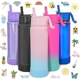 CHILLOUT LIFE 22 oz Kids Insulated Water Bottle for School with Straw Lid Leakproof and Cute Waterproof Stickers, Personalized Stainless Steel Thermos Flask Metal Water Bottle, Cotton Candy