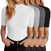 Huukeay 4 Pack 1/2 Half Sleeve Mock Turtleneck Tops for Women, Ribbed Knit Fitted T-Shirts Mock Neck Business Casual Slim Tee