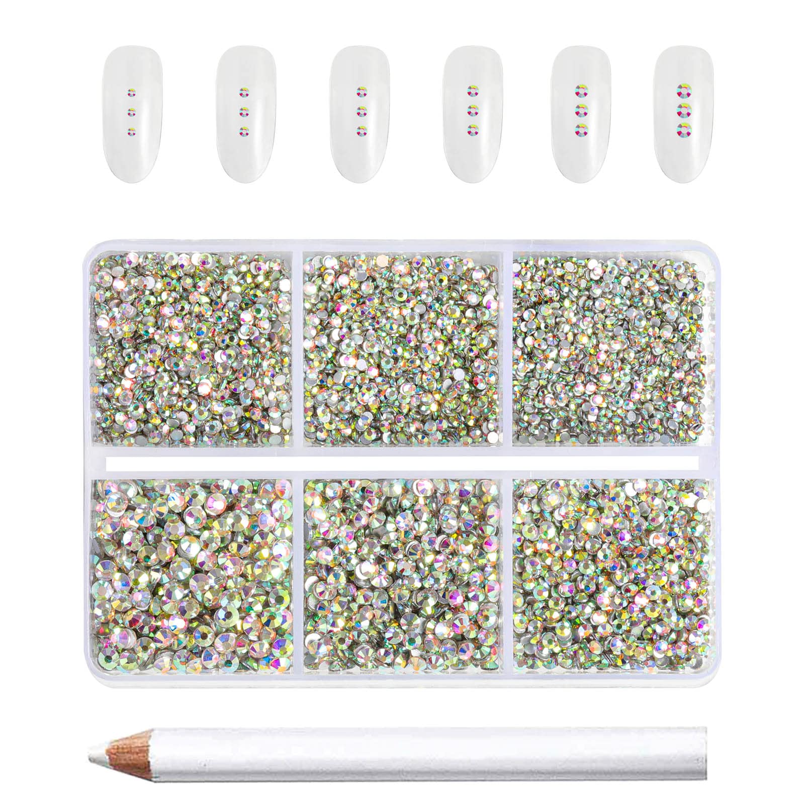 Beadsland 7200 Pcs Flatback Rhinestones for Nails,AB Crystal Round Small Rhinestones Gems for Crafts,Mixed 6 Sizes with Wax Pencil Kit, SS3-SS10,Crystal AB