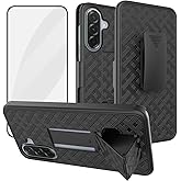 Ailiber for Samsung Galaxy S25 FE Case, Samsung S25 FE Belt Clip Case Holster with Tempered Glass Screen Protector, Swivel Kickstand Holder, Slim Shockproof Slide Shell Pouch Cell Phone Cover-Black
