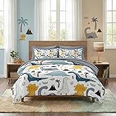Nesker 5 Pcs Comforter Set Twin Size, Cute Dinosaur Bedding for Kids Teen, Blue Yellow Gray Dino Bedding Set with Pillowcase & Sham for Bedroom Bed Decor
