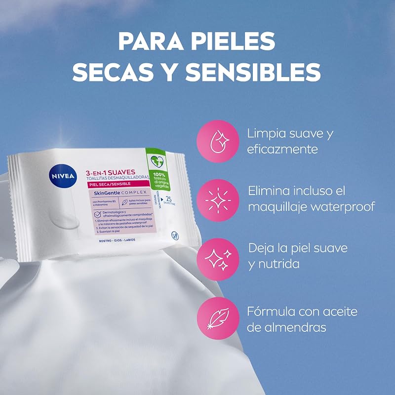 Toallitas Desmaquilladoras 3-en-1 Suaves - Toallitas Húmedas - Limpia Suave y Eficazmente - Elimina Maquillaje Waterproof - Para Rostro, Ojos y Labios - Piel Seca y Sensible - 25 unidades