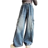 Bolknokin Girls Cargo Pants Casual Baggy Y2K Jeans Wide Leg Pants with Multi Pockets 6-15 Years