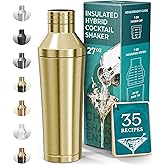 BARE BARREL Insulated Cocktail Shaker Set | Double Wall Stainless Steel | Martini Shaker for Home Bar Bartending | Built-in Drink Measure System & Strainer, Travel Bag, Recipes | Gift Set (Gold)