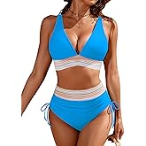 Blooming Jelly Womens High Waisted Bikini Sets Color Block Tummy Control Swimsuits Drawstring Two Piece Bathing Suit