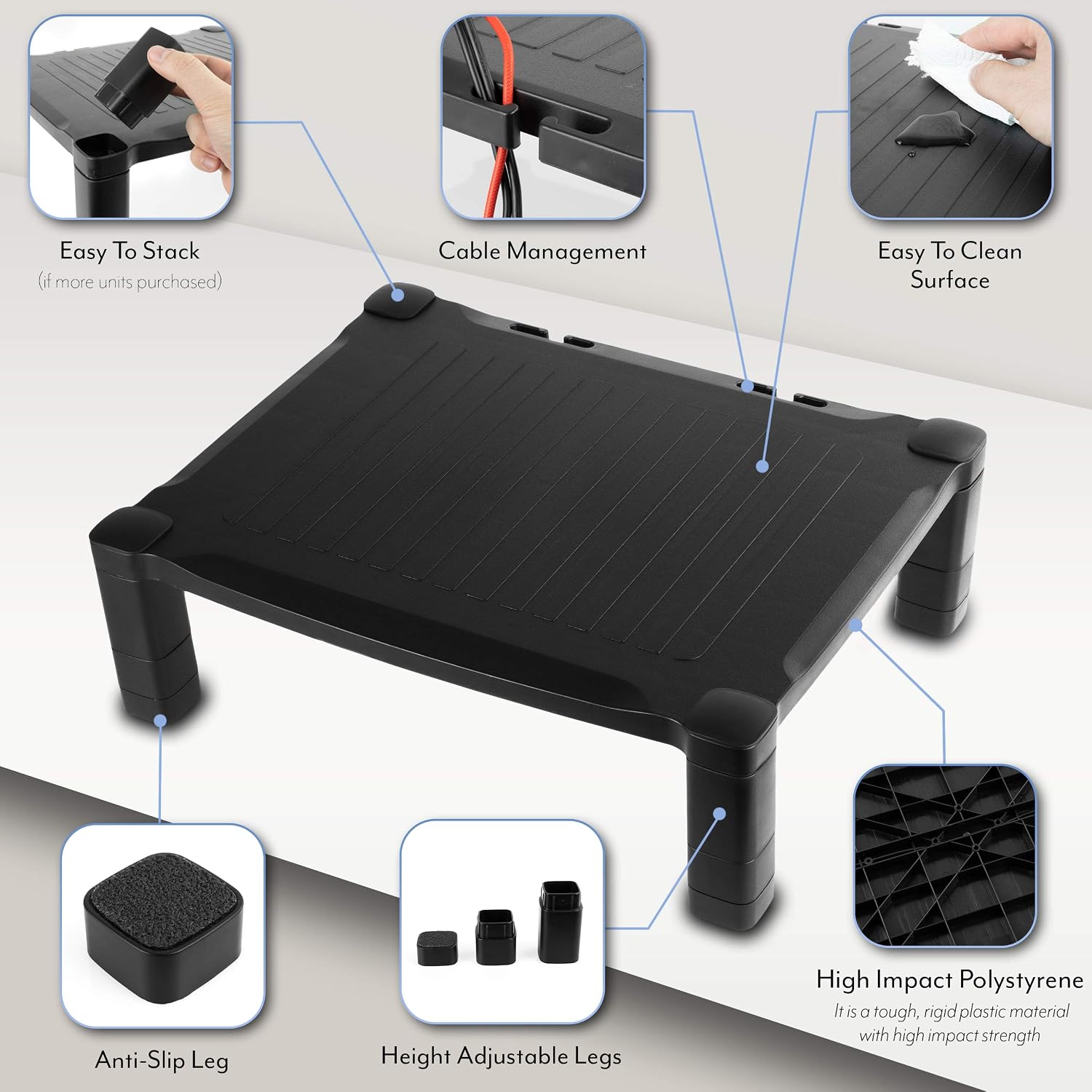 Computer Stand Desk Riser PC Monitor Stand Screen Riser Adjustable Height Raiser Accessories for Laptop Display Desktop Printer Small TV Projector iMac Ergonomic Cable Management Black - Image 5