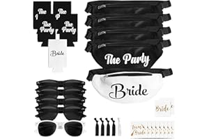 CHUG BUDDY Bachelorette Fanny Packs | 30 Pc - Set of 5 Bachelorette Party Favors & Accessories | 1 Bride Fanny Pack + 4 'Party' Packs | Bachelorette Party Kit with Sunglasses, Koozies & Bridal Accessories