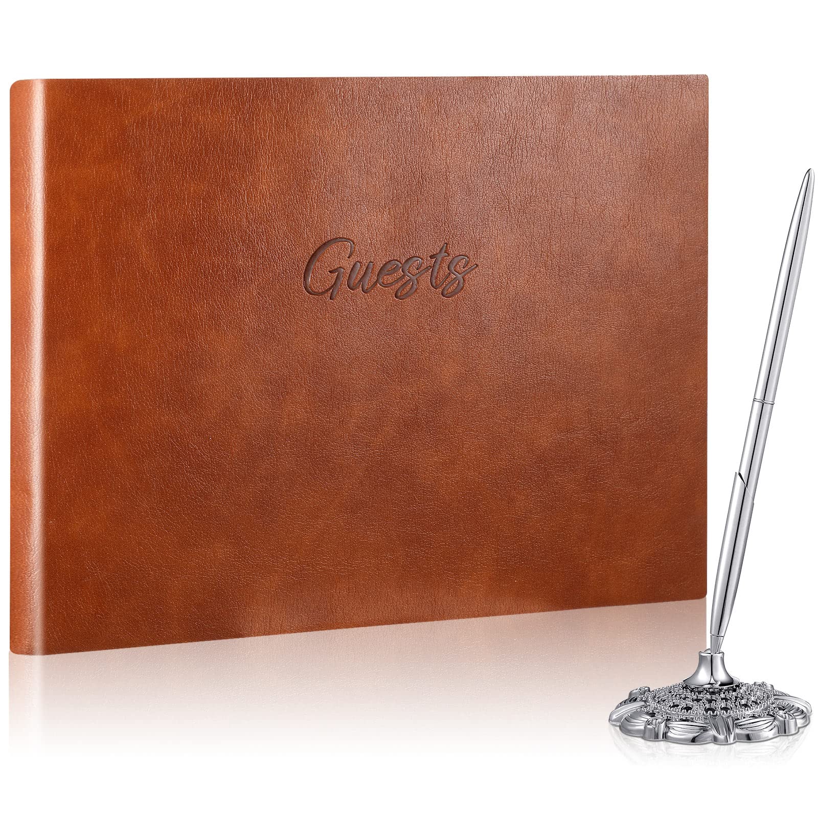 Photo 1 of Leather Guest Book and Pen Stand Set, 10.5" x 8" Embossed Guests Sign in Book Registry Book for Funeral, Wedding Reception, Vacation Homes and Events, 80 Sheets (Brown)