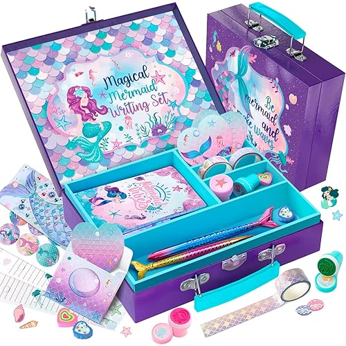CORALMEE Mermaid Stationery Set for Girls 54 Piece Art and Letter Writing Kit with Storage Case Ideal Birthday Gift for Kids Ages 4 12 Perfect for Preteen Crafts and Toys in