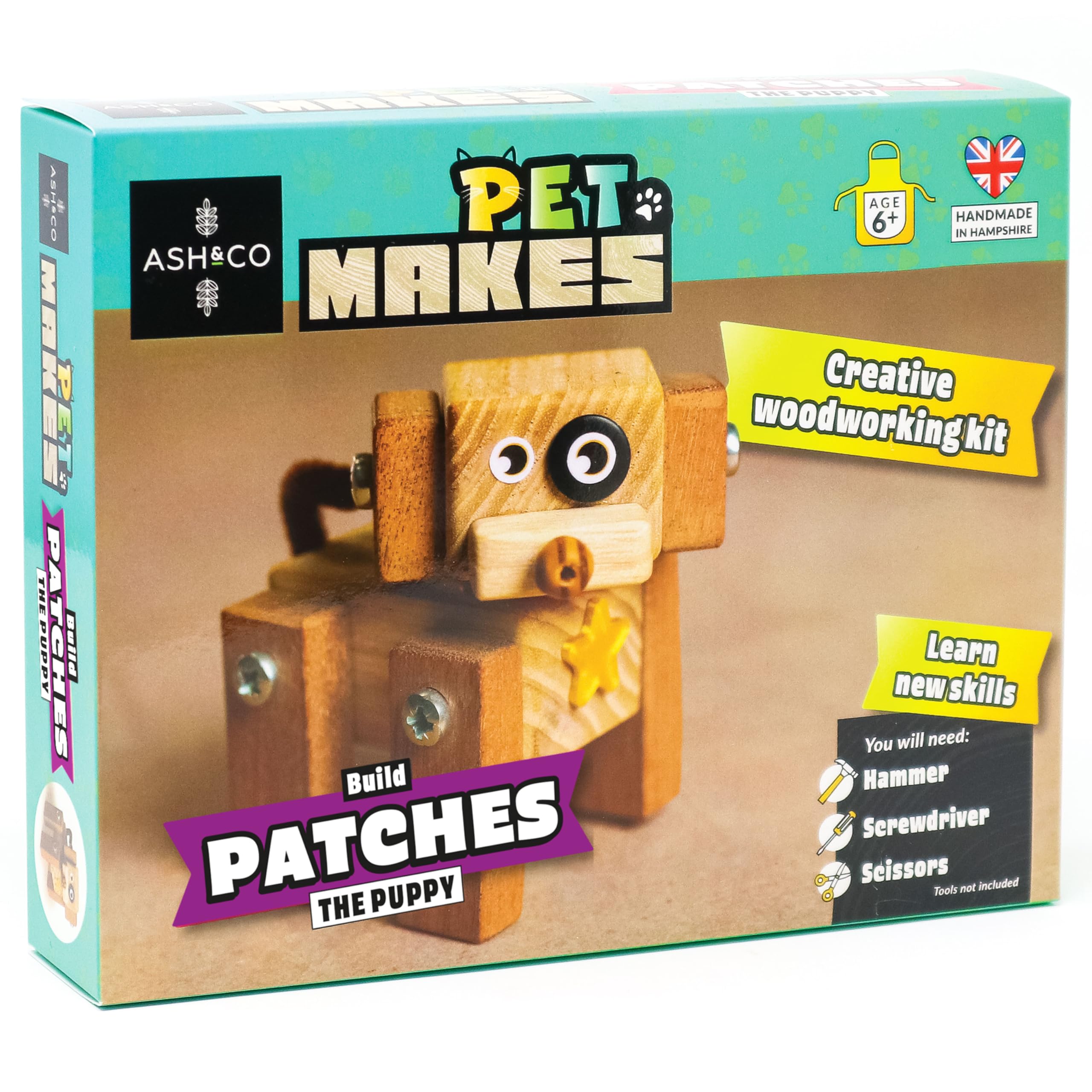 Ash & Co Pet Makes | Build a Wooden Puppy Mode; | Woodwork Kit for Kids | Fun Craft Kit for Boys and Girls Age 6+ (Patches The Puppy)